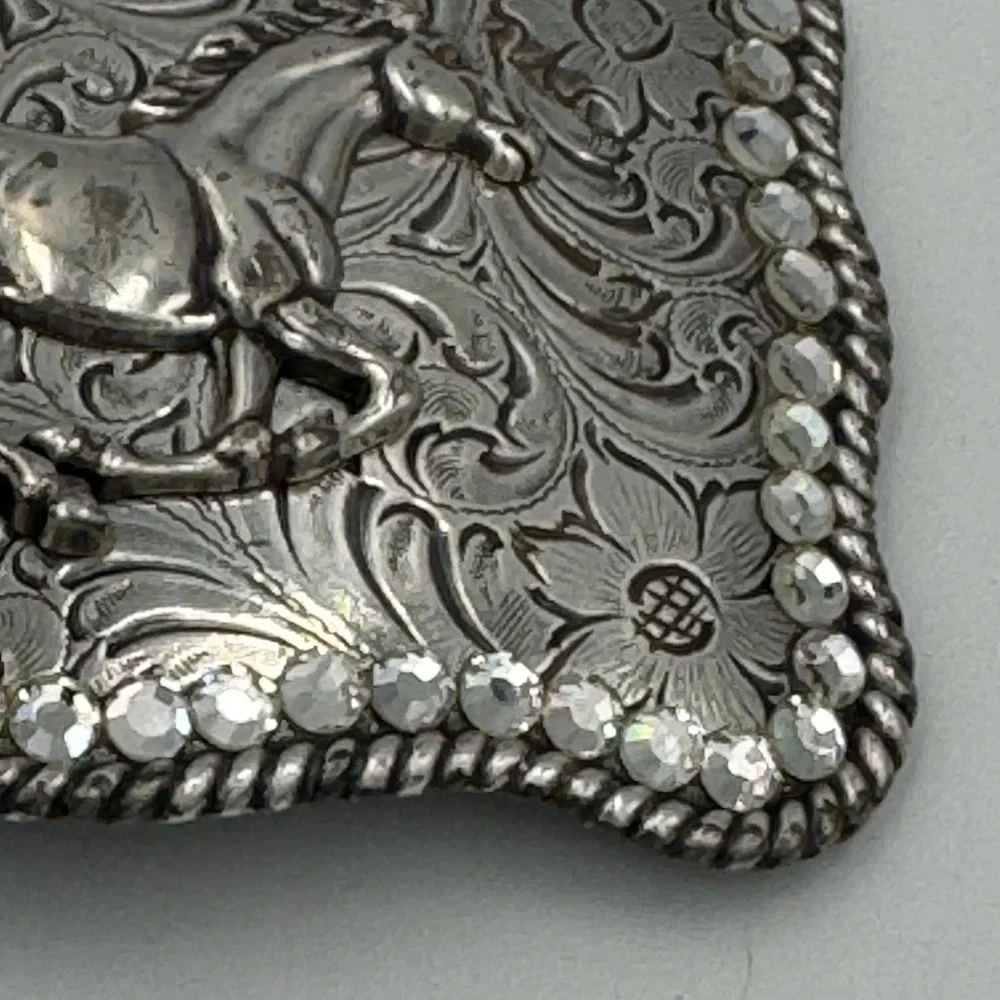 Western Horse Belt Buckle Silver Tone‎ Floral Engraved Rhinestone Border Rodeo